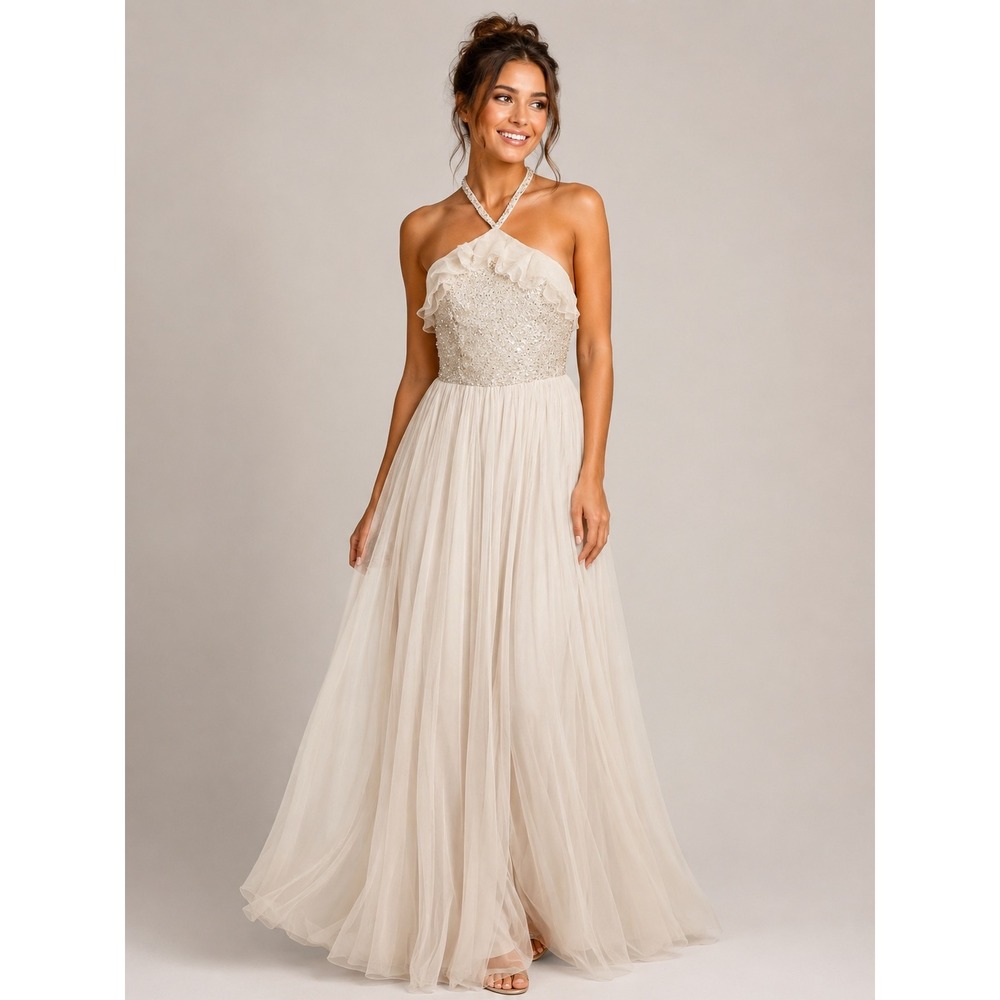 Sherri Hill 52797 Ivory Beaded Halter Tulle Ruffle Formal Gown Dress Womens 12